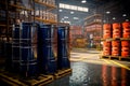 Warehouse petroleum products. Storage interior. Warehouse racks with barrels for liquids.