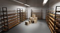 Warehouse with pile stacked cardboard boxes and empty racks. Storage room interior with goods, cargo or parcels and