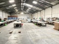 warehouse, plant and factory area and interior with machinery, inventories, shelves, pallets and boxes