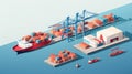 Warehouse port vector conceptual web banner. Isometric projection. Ships with containers on the berth at the port, cranes, workers Royalty Free Stock Photo