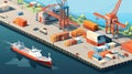 Warehouse port vector conceptual web banner. Isometric projection. Ships with containers on the berth at the port, cranes, workers