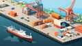 Warehouse port vector conceptual web banner. Isometric projection. Ships with containers on the berth at the port, cranes, workers Royalty Free Stock Photo