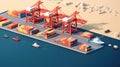 Warehouse port vector conceptual web banner. Isometric projection. Ships with containers on the berth at the port, cranes, workers