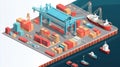 Warehouse port vector conceptual web banner. Isometric projection. Ships with containers on the berth at the port, cranes, workers Royalty Free Stock Photo