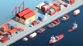 Warehouse port vector conceptual web banner. Isometric projection. Ships with containers on the berth at the port, cranes, workers