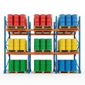 Warehouse Racking System Filled with Colorful Barrels on Pallets storage shelves Royalty Free Stock Photo