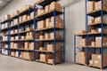 Warehouse, racks with boxes. Generative AI