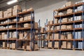 Warehouse, racks with boxes. Generative AI