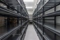 Warehouse racks storage metal pallet racking system in warehouse. Modern interior of new empty warehouse. The shelves are pallet