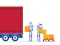 Warehouse robot workers loading truck with boxes. Royalty Free Stock Photo