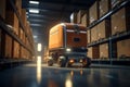 Warehouse Robotics Distribution center concept, automated robot transports boxes effortlessly