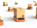 Warehouse robots carry boxes