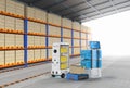 Warehouse robots or robotic assistants deliver boxes