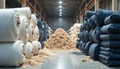 Warehouse rolls fabric material. Textile production process. Stacks textile rolls. Industry background. Waste pile in Royalty Free Stock Photo