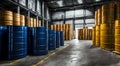 Warehouse with rows of big industrial barrels for goods storage and transportation
