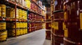 In a warehouse rows upon rows of tightly stacked barrels containing various solvents can be seen. Each one is labeled