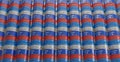 Warehouse Russian oil barrel, background with barrel. Barrels with colors Russian flag. Angle from below. sanctions on Russian oil