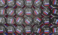 Warehouse Russian oil barrel, background with barrel. Barrels with colors Russian flag. Angle from top. sanctions on Russian oil.