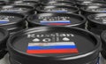 Warehouse Russian oil barrel, background with barrel. Barrels with colors Russian flag close-up. sanctions on Russian oil. 3D work