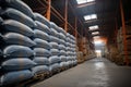 In the warehouse, sacks of chemical fertilizer are stacked, prepared for delivery