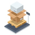 Warehouse scale with parcel. Scales for weighing heavy objects and goods. Box and cargo, package and freight, parcel and