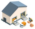 Warehouse scene. Isometric storage building with cargo truck