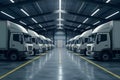 Warehouse scene with parked trucks, awaiting delivery dispatch