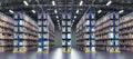 Warehouse Scene with Shelves and Cardboard Boxes. Logistics Concept Royalty Free Stock Photo
