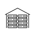 Warehouse server racks icon with datacenter storage stacks inside building outline, minimal Royalty Free Stock Photo