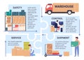 Warehouse service infographic vector illustration, cartoon flat control of cargo transportation by truck, packing goods