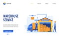 Warehouse service vector illustration, cartoon flat website interface design for warehousing business delivery company