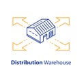 Warehouse services, distribution concept, wholesale building, supply center, isometric view, line icon