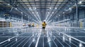 A warehouse setting where workers are seen performing routine maintenance on a large array of solar panels Royalty Free Stock Photo