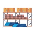 Warehouse shelf with boxes pvc pipes and merchandise blue lines