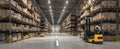 The warehouse with shelves full of boxes and an operating forklift. AI generated image Royalty Free Stock Photo