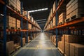 Warehouse with shelves full of merchandise, ready for global distribution Royalty Free Stock Photo