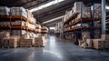 Warehouse, logistics, shelves with stacked cardboard boxes