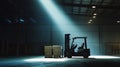Warehouse spotlight illuminating industrial forklift moving stacked pallets, casting dramatic shadows across vast empty interior Royalty Free Stock Photo
