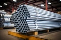 A warehouse stack of shiny new industrial metal tubes for construction and engineering