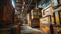 Warehouse with Stacked Wooden Crates - AI Generated Royalty Free Stock Photo