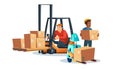 Warehouse staff, forklift and robot with boxes