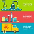 Warehouse staff puts cargoes, box, package and parcels banners. Flat business delivery service vector illustration