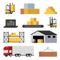 Warehouse with staff, storage building, shelves with goods, unloading cargo. Design elements of warehouse building delivery truck Royalty Free Stock Photo