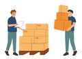 Warehouse staff wearing uniform Loading parcel box and checking product from warehouse. Delivery and