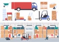 Warehouse stockroom vector illustration, cartoon flat warehousing company storehouse interior, packaging stock inventory