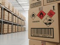 Warehouse storage boxes with hazard labels isolated on white background Royalty Free Stock Photo