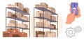 Warehouse storage with cardboard boxes on metal shelves and hand using mobile for digital access Royalty Free Stock Photo