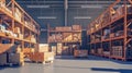 Warehouse storage interior with pallets and boxes. Delivery stockroom with full rack. Hangar building with crowded