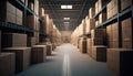 Warehouse storage room rows of boxes and merchandise, Generative AI