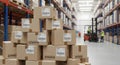 Warehouse Storage with Stacked Cardboard Boxes and Forklift in the Background Royalty Free Stock Photo